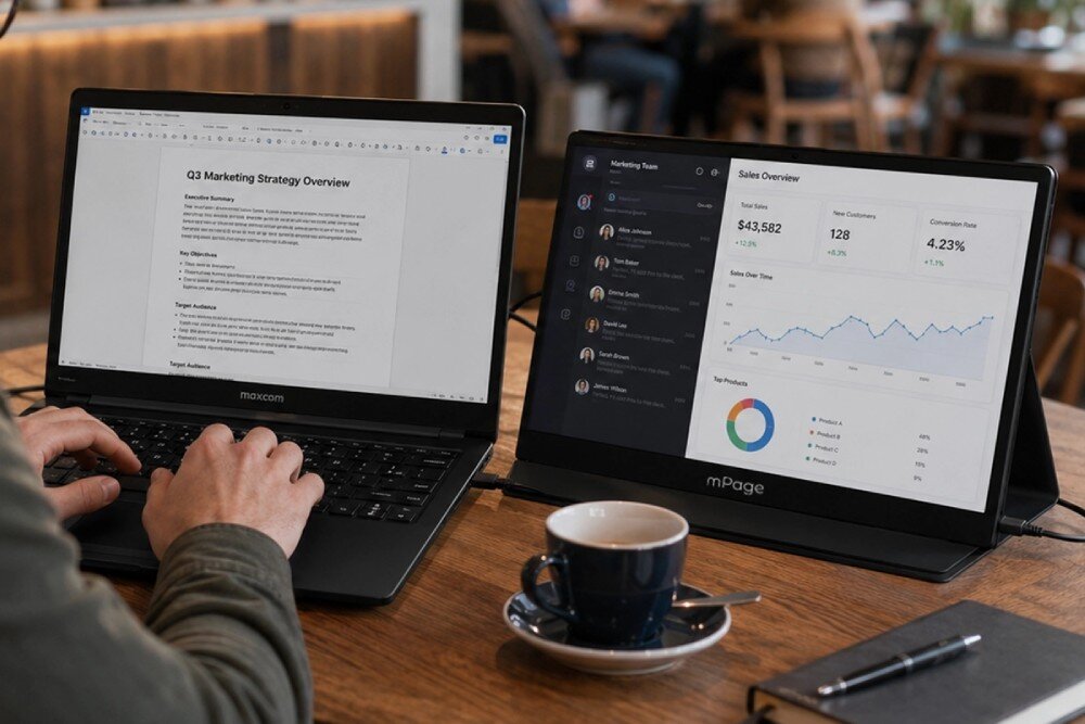 Na stole znajdują się dwa urządzenia: laptop z logo \'maxcom\' oraz monitor z logo \'mPage\', na którym wyświetlane są dane sprzedażowe i wykresy. Obok stoi filiżanka z kawą i leży notatnik z długopisem.