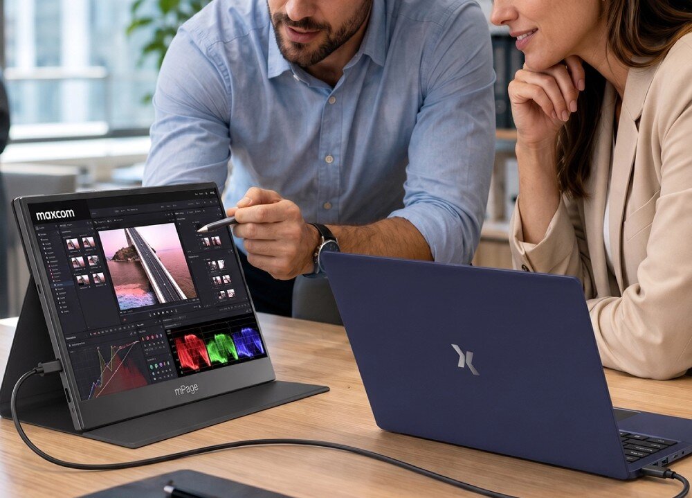 Na biurku znajduje się monitor z logo \'maxcom\', na którym wyświetlane są różne wykresy i zdjęcia. Obok monitora stoi laptop z logo w kształcie litery \'X\'.
