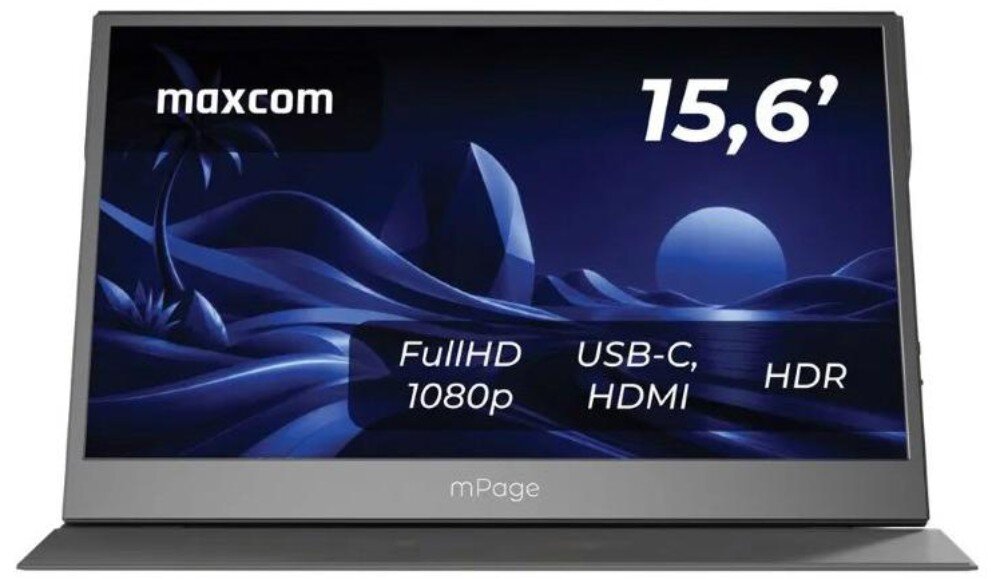 Monitor z logo \'maxcom\' na górze ekranu i napisem \'15,6’\'. Na ekranie widoczne są napisy: \'FullHD 1080p\', \'USB-C, HDMI\', \'HDR\'.