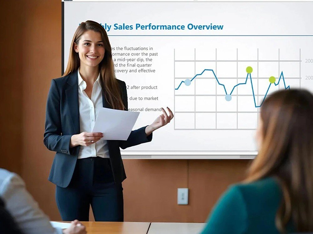Kobieta w garniturze stoi przed ekranem z wykresem i tekstem \'Monthly Sales Performance Overview\'. Na wykresie widoczne są linie i punkty danych, a obok kobiety siedzą dwie osoby.