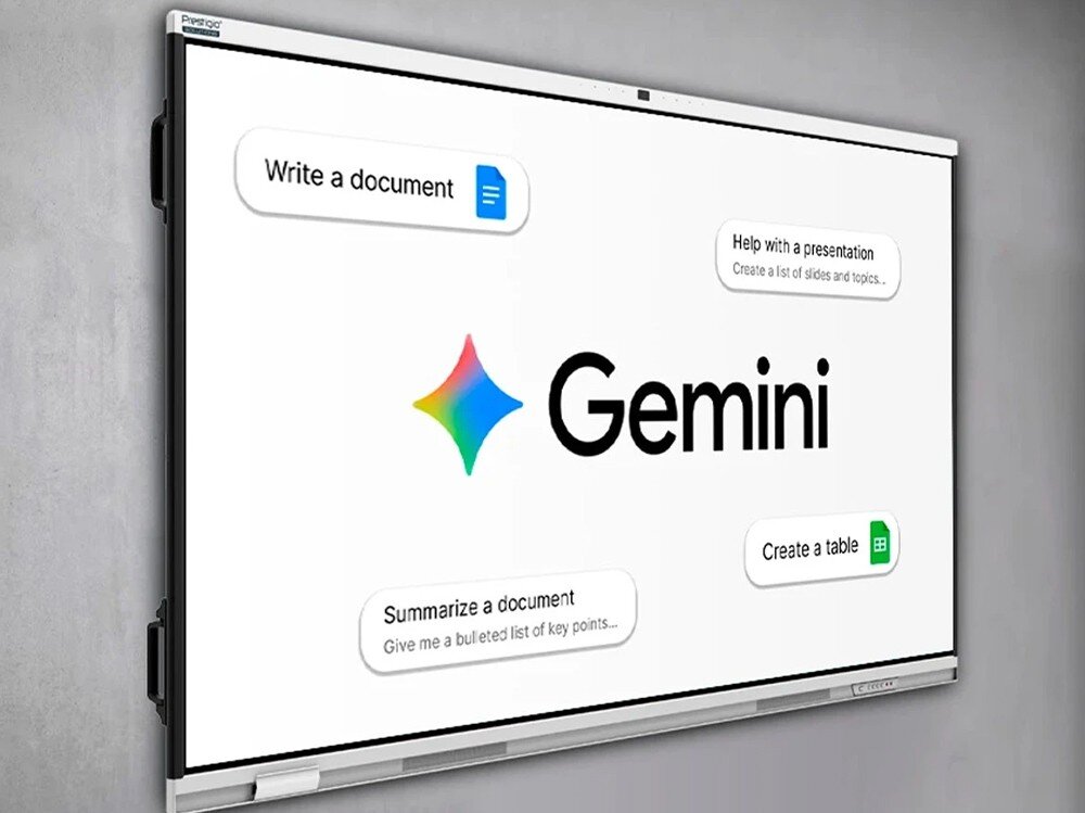 Monitor wyświetla logo \'Gemini\' oraz teksty: \'Write a document\', \'Help with a presentation\', \'Summarize a document\', \'Create a table\'.