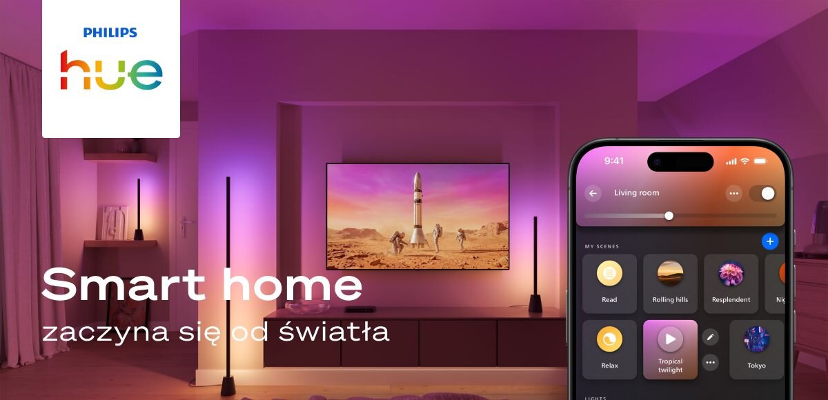 Lampa PHILIPS HUE Play 929004320901 Bluetooth, Zigbee, nastrojowa, dekoracyjna, smukła, czarna, Salon z telewizorem i aplikacją do sterowania światłem.