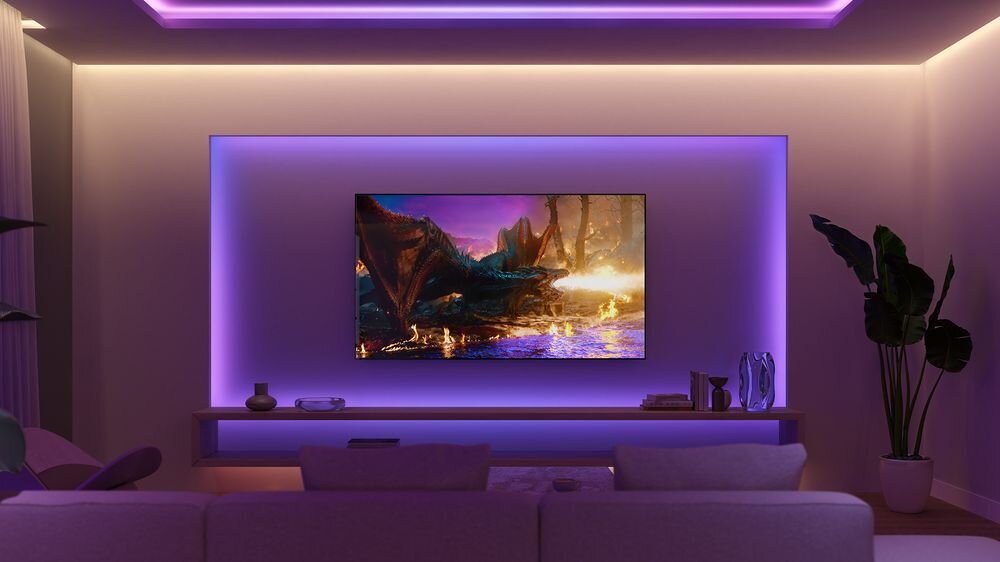 Taśma LED PHILIPS HUE 929004297202 5 m Bluetooth/ZigBee, sceny, efekty, przycinanie, personalizacja, Nastrojowe podświetlenie LED wnęki z telewizorem.