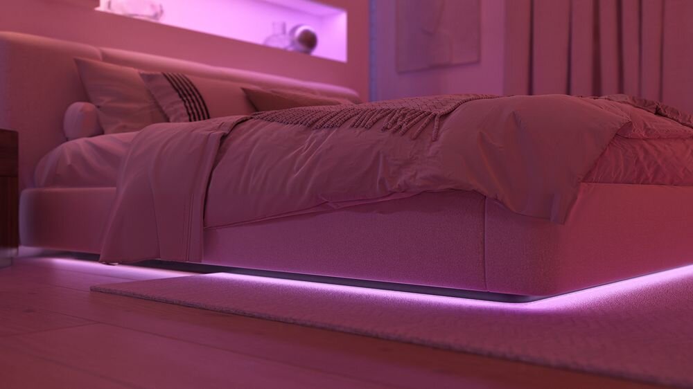 Taśma LED PHILIPS HUE 929004297202 5 m Bluetooth/ZigBee, elastyczność, montaż, przycinanie, złącza, Nastrojowe światło pod łóżkiem w sypialni.