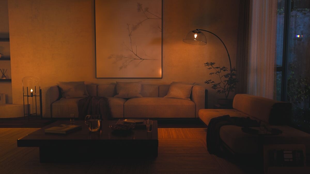 Inteligentna żarówka LED PHILIPS HUE 929004295902 3.9W E14 Bluetooth, ZigBee (2 szt.), żarówka, ciepłe, światło, przytulność, Salon oświetlony ciepłym, nastrojowym światłem.