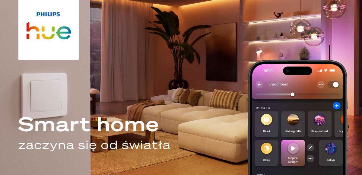 Moduł przełącznika ściennego PHILIPS HUE 929004297003, inteligentny, dom, moduł, sterowanie, Salon z aplikacją do sterowania i napisem smart home.