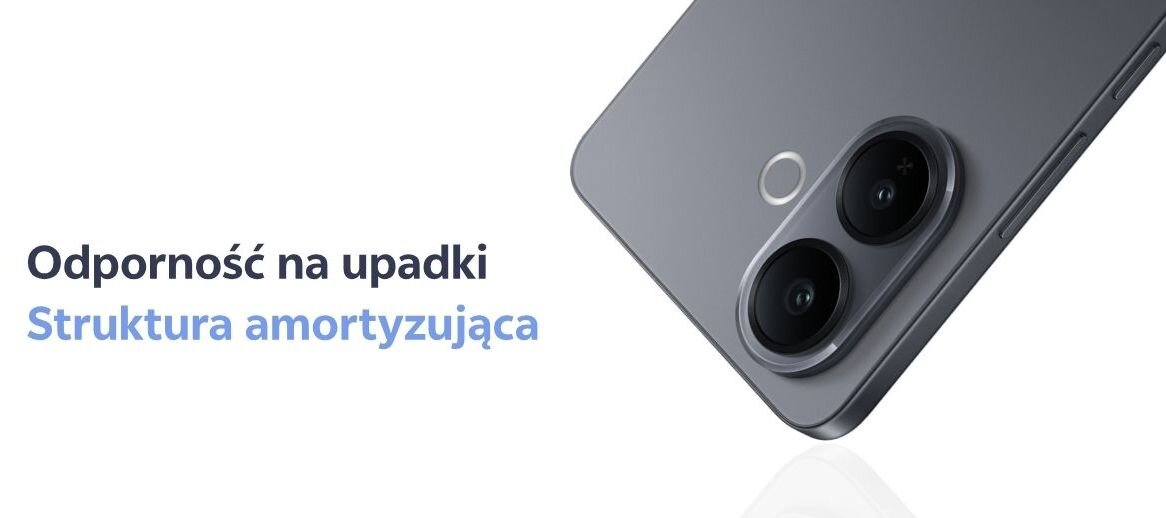 Na obrazie widoczny jest fragment smartfona z dwoma aparatami oraz tekst: \'Odporność na upadki Certyfikat SGS\'.
