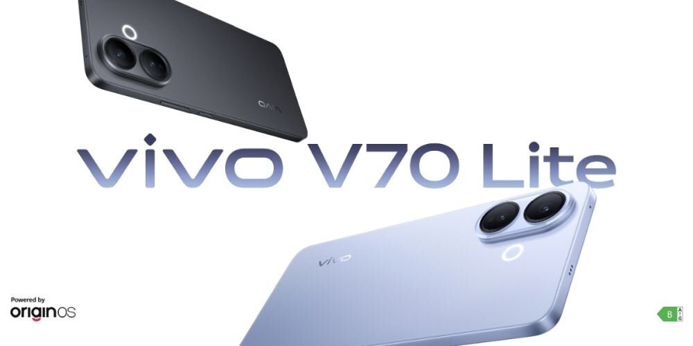 Na obrazie widoczne są dwa smartfony VIVO V70 Lite w różnych kolorach, z dużym napisem \'vivo V70 Lite\' pomiędzy nimi. W lewym dolnym rogu znajduje się logo \'Powered by originOS\'.