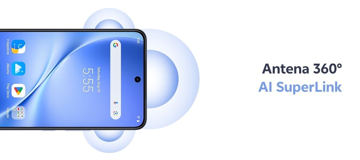 Obraz przedstawia smartfon z wyświetlaczem pokazującym godzinę 5:55 oraz ikonami aplikacji. Obok telefonu znajduje się tekst: \'Antena 360° AI SuperLink\'.
