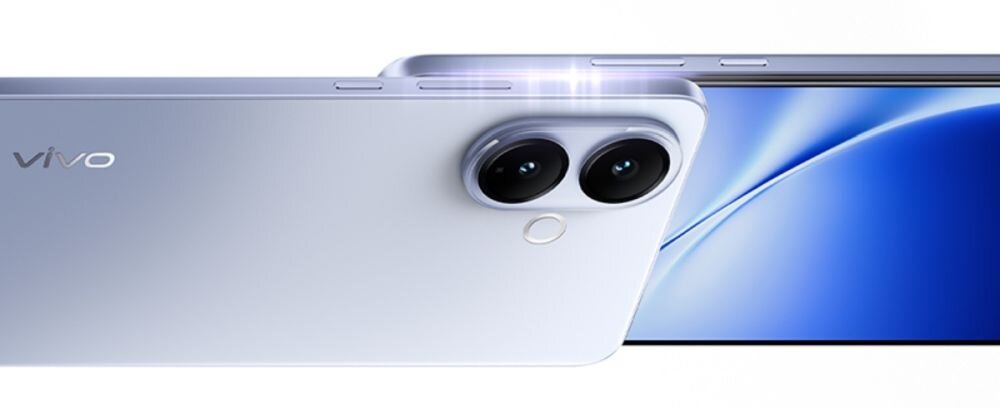 Na obrazie widoczny jest smartfon z logo \'vivo\', posiadający dwa duże obiektywy aparatu oraz błyszczące wykończenie. Ekran urządzenia jest włączony, prezentując niebieski gradient.