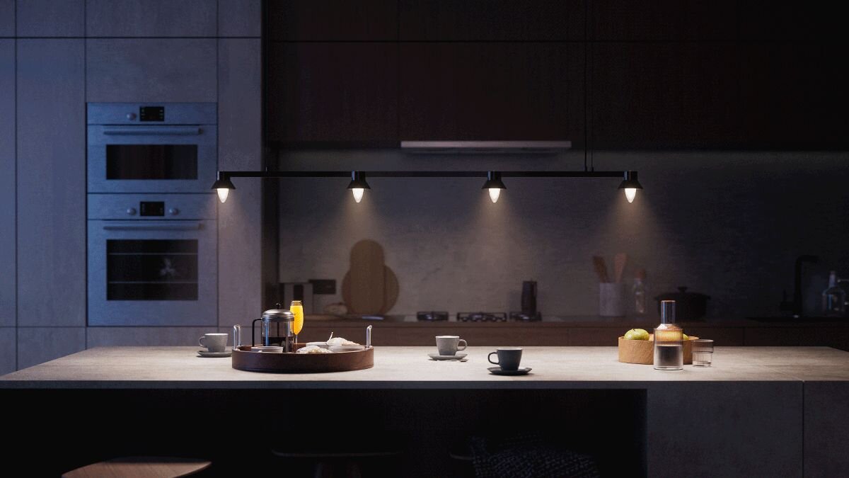 Inteligentna żarówka LED PHILIPS HUE Ambiance 929004295601 3.7W E14 Bluetooth, ZigBee, spójność, światła, technologia, chromasync, Salon z fioletowym i pomarańczowym światłem.
