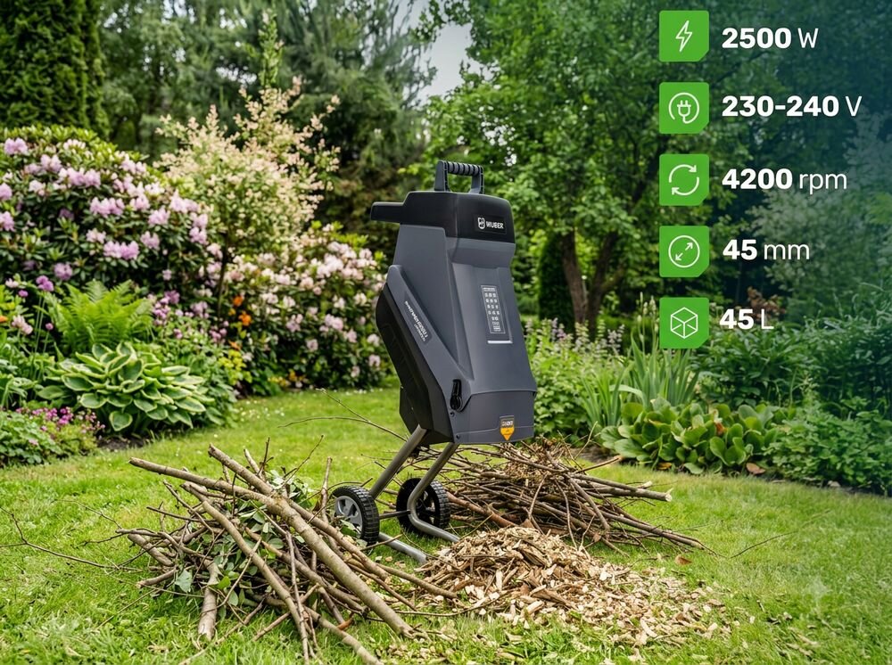 Rozdrabniacz do gałęzi WUBER W94205 elektryczny 2500W średnica cięcia 45mm, silnik, gałęzie, kosz, rozdrabnianie, Rozdrabniacz do gałęzi z parametrami technicznymi.
