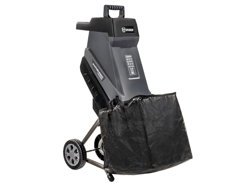 Rozdrabniacz do gałęzi WUBER W94205 elektryczny 2500W średnica cięcia 45mm, frez, gilotyna, ściółka, kompost, Rozdrabniacz do gałęzi z pojemnikiem i kołami transportowymi.