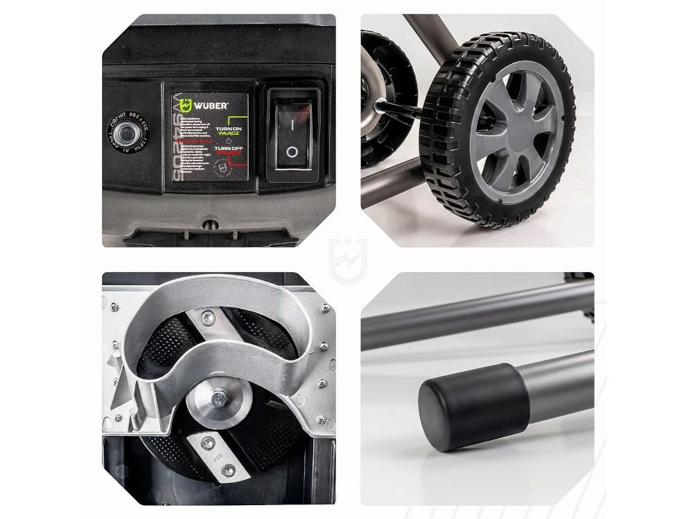 Rozdrabniacz do gałęzi WUBER W94205 elektryczny 2500W średnica cięcia 45mm, moc, przekładnia, wydajność, trwałość, Pokrętło regulacyjne oraz mechanizm tnący urządzenia.