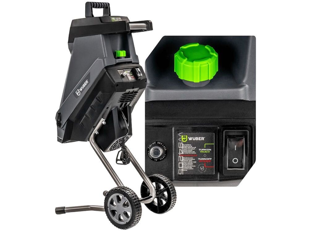 Rozdrabniacz do gałęzi WUBER W94205 elektryczny 2500W średnica cięcia 45mm, bezpieczeństwo, czujnik, cofanie, ochrona, Schemat wysuwania pojemnika na zrębki z rozdrabniacza.