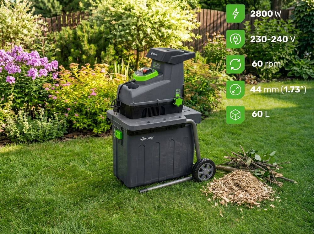 Rozdrabniacz do gałęzi WUBER W94204 elektryczny 2800W średnica cięcia 44mm, silnik, gałęzie, kosz, rozdrabnianie, Rozdrabniacz do gałęzi z parametrami technicznymi.