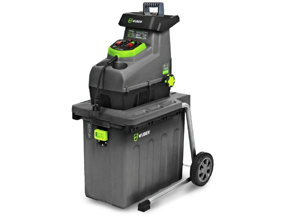 Rozdrabniacz do gałęzi WUBER W94204 elektryczny 2800W średnica cięcia 44mm, frez, gilotyna, ściółka, kompost, Rozdrabniacz do gałęzi z pojemnikiem i kołami transportowymi.
