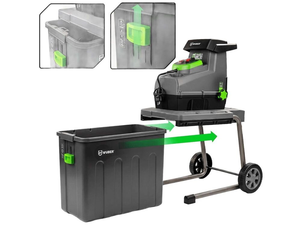 Rozdrabniacz do gałęzi WUBER W94204 elektryczny 2800W średnica cięcia 44mm, bezpieczeństwo, czujnik, cofanie, ochrona, Schemat wysuwania pojemnika na zrębki z rozdrabniacza.