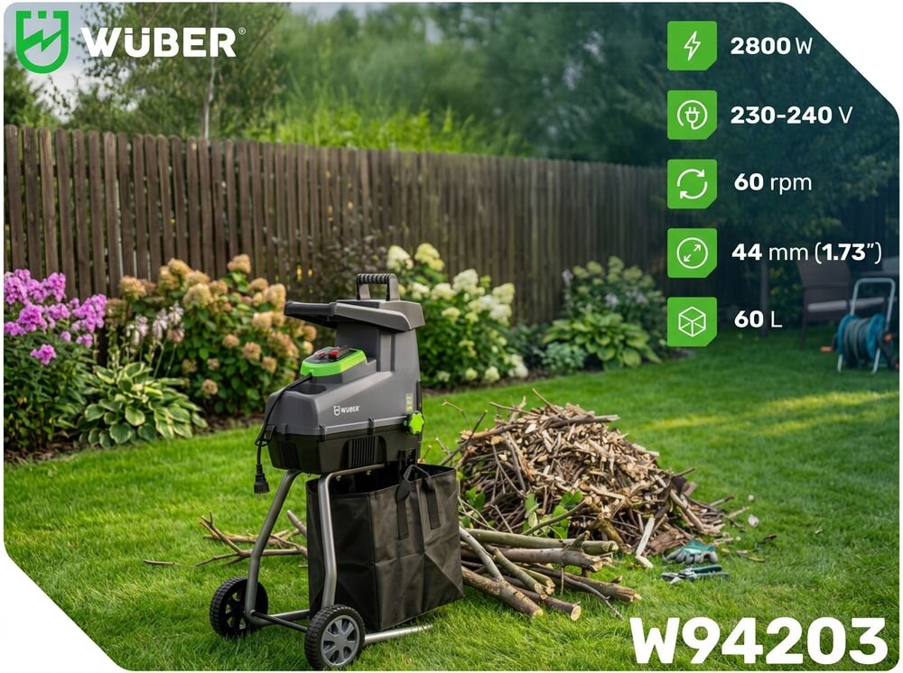 Rozdrabniacz do gałęzi WUBER W94203 elektryczny 2800W średnica cięcia 44mm, silnik, gałęzie, kosz, rozdrabnianie, Rozdrabniacz do gałęzi z parametrami technicznymi.