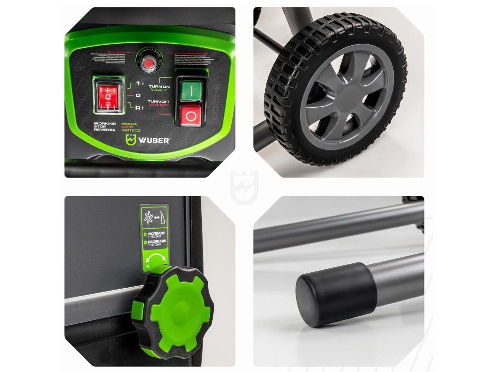 Rozdrabniacz do gałęzi WUBER W94203 elektryczny 2800W średnica cięcia 44mm, wodoodporność, obudowa, wygoda, uchwyt, Mężczyzna wyciąga pełny pojemnik ze zrębkami drewna