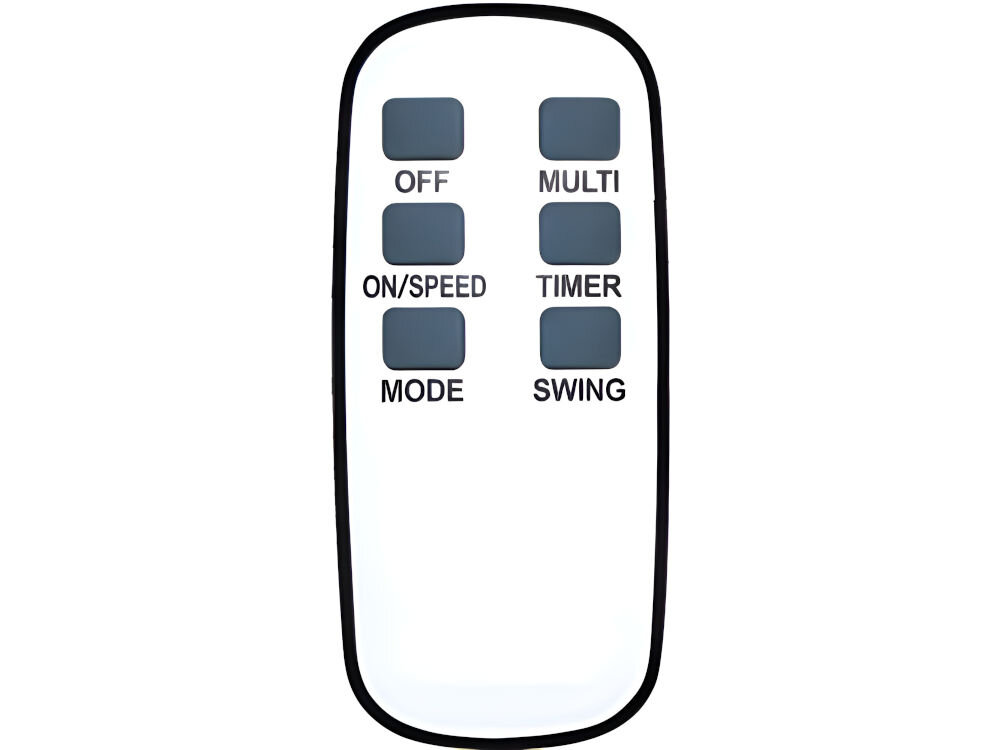 Na obrazie widoczny jest biały pilot z sześcioma przyciskami oznaczonymi jako OFF, ON/SPEED, MODE, MULTI, TIMER, SWING.