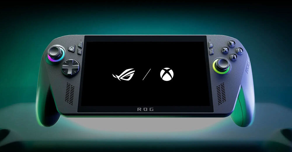 Na obrazie widoczna jest konsola przenośna z ekranem, na którym wyświetlone są loga ROG i Xbox. Konsola ma ciemny kolor i posiada przyciski oraz gałki analogowe po obu stronach ekranu.