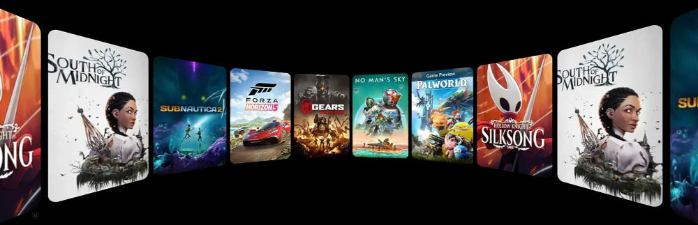 Obraz przedstawia okładki różnych gier wideo ułożone w łukowaty wzór na czarnym tle. Widoczne tytuły to m.in. \'South of Midnight\', \'Subnautica\', \'Forza Horizon 5\', \'Gears\', \'No Man\'s Sky\', \'Palworld\' i \'Hollow Knight: Silksong\'.