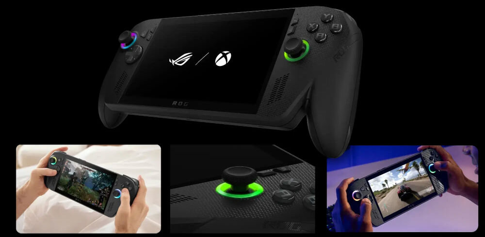 Obraz przedstawia czarną konsolę przenośną z logo ROG i Xbox na ekranie. Konsola jest trzymana w rękach, a na ekranie wyświetlane są różne gry.