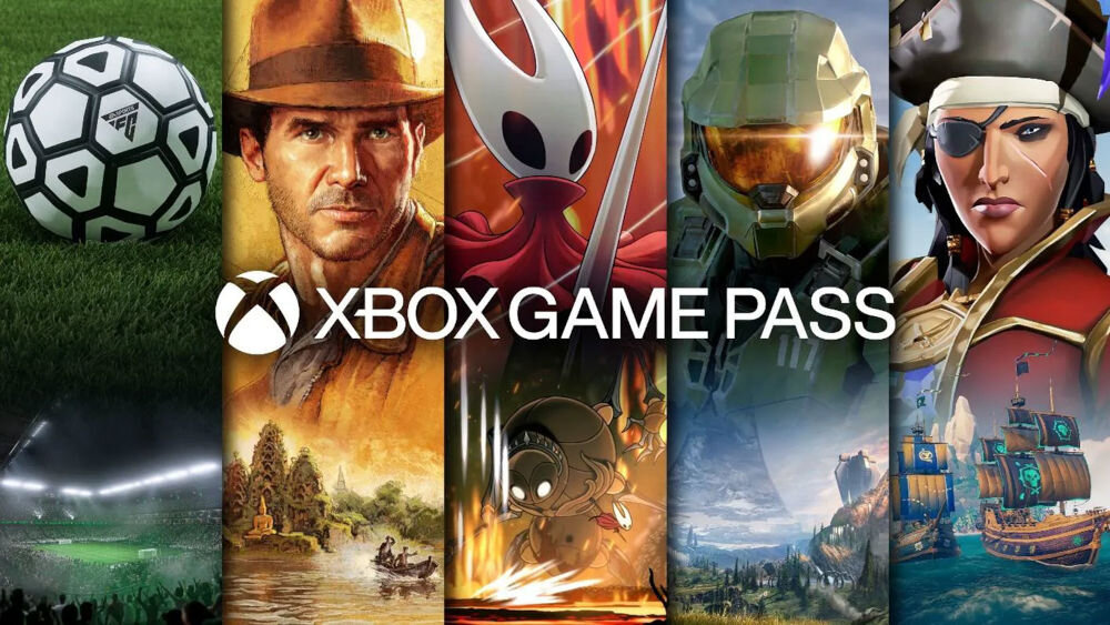 Grafika przedstawia różne postacie i sceny z gier wideo, z logo \'XBOX GAME PASS\' na środku. W tle widoczne są elementy takie jak piłka nożna, postać w kapeluszu, rycerz, żołnierz w hełmie i piratka na statku.