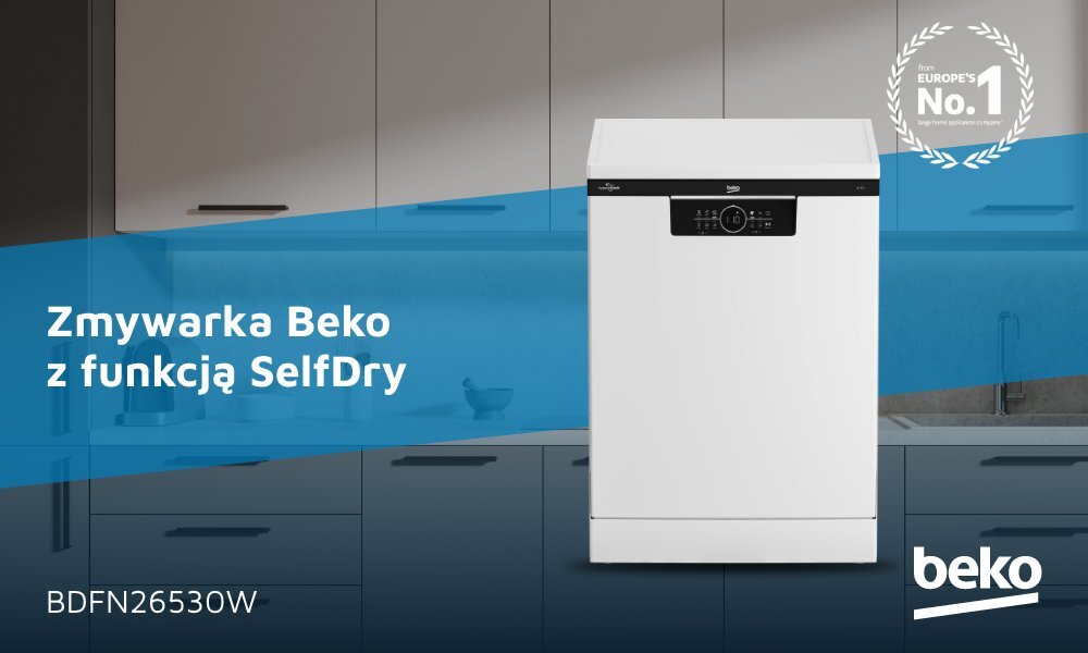 Na obrazie widoczna jest biała zmywarka z panelem sterowania na górze, umieszczona w kuchni. Na niebieskim tle znajduje się tekst: \'Zmywarka Beko z funkcją SelfDry\', a w prawym dolnym rogu logo \'beko\'.