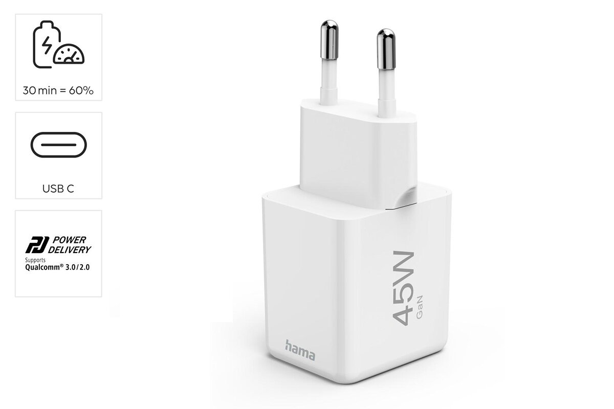 Biała ładowarka sieciowa z logo \'hama\' i oznaczeniem \'45W GaN\'. Obok znajdują się ikony z tekstem: \'30 min = 60%\', \'USB C\', oraz \'POWER DELIVERY Supports Qualcomm 3.0/2.0\'.
