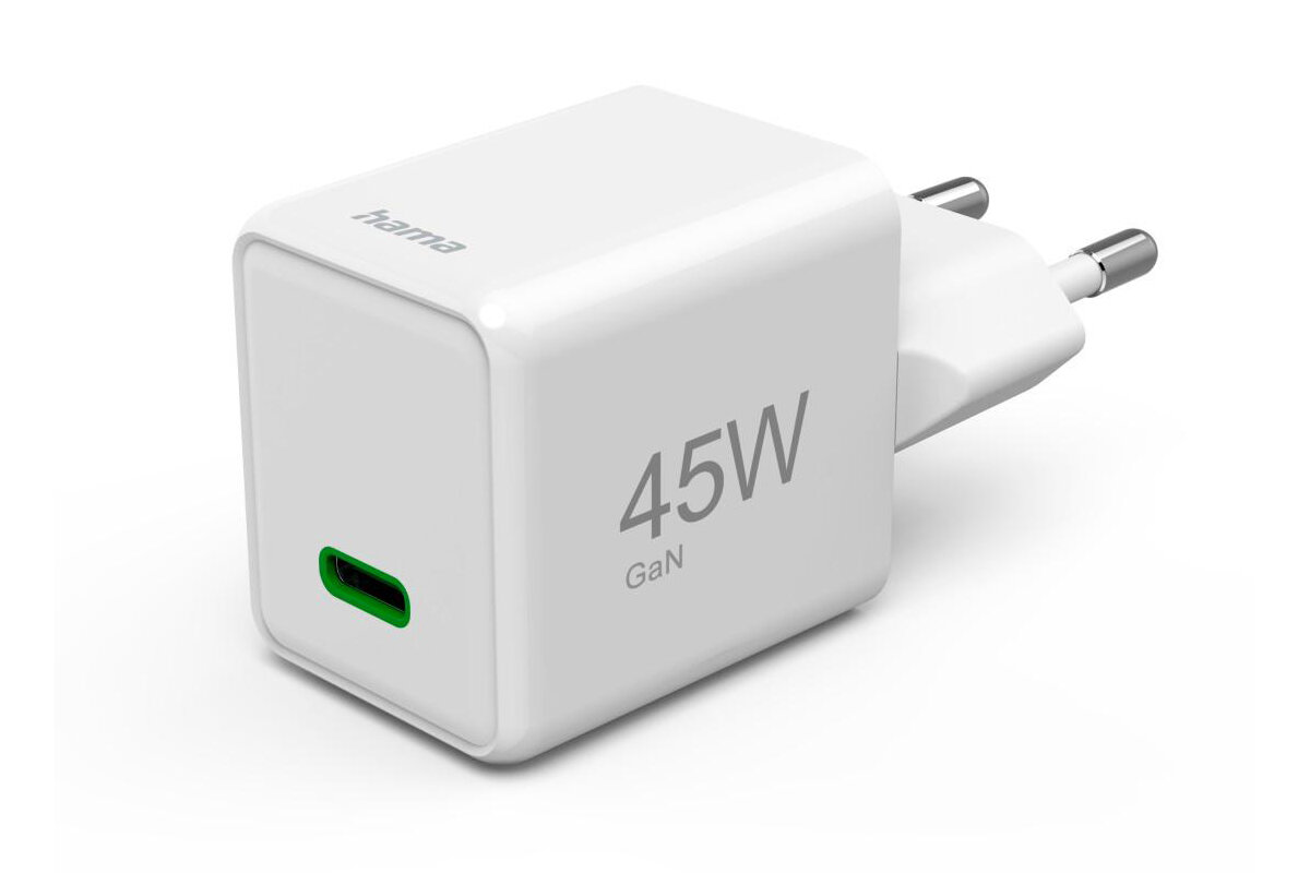 Biała ładowarka sieciowa z napisem \'45W GaN\' oraz logo \'hama\'. Posiada port USB-C z zielonym wnętrzem.