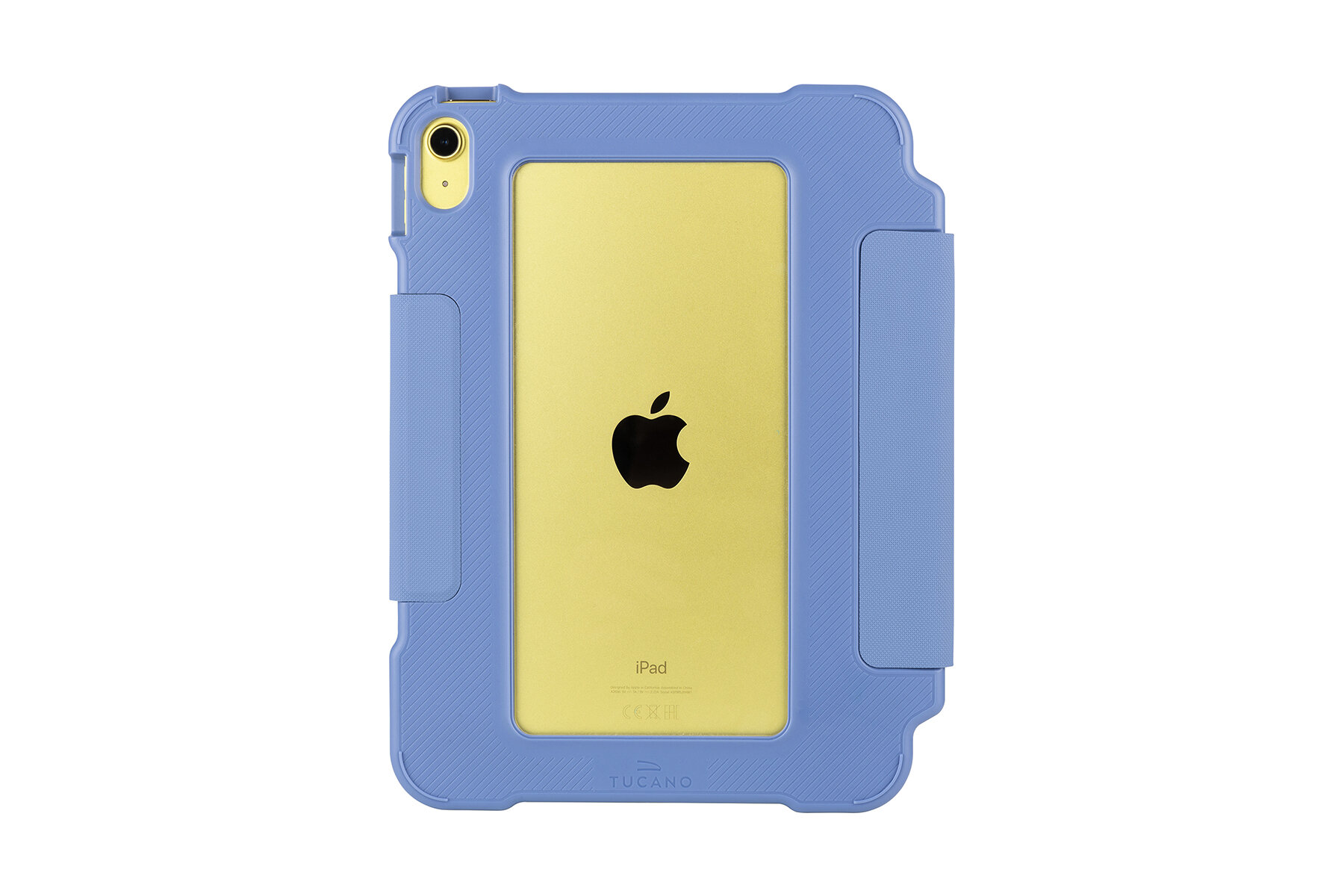 Niebieskie etui na iPad z widocznym logo Apple na żółtym tle. Etui ma wycięcia na aparat i przyciski, a na dole widoczny jest napis \'TUCANO\'.