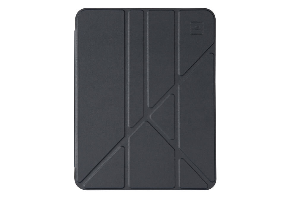 Czarne etui na tablet z geometrycznymi wzorami na powierzchni. W górnym rogu widoczne jest logo producenta.