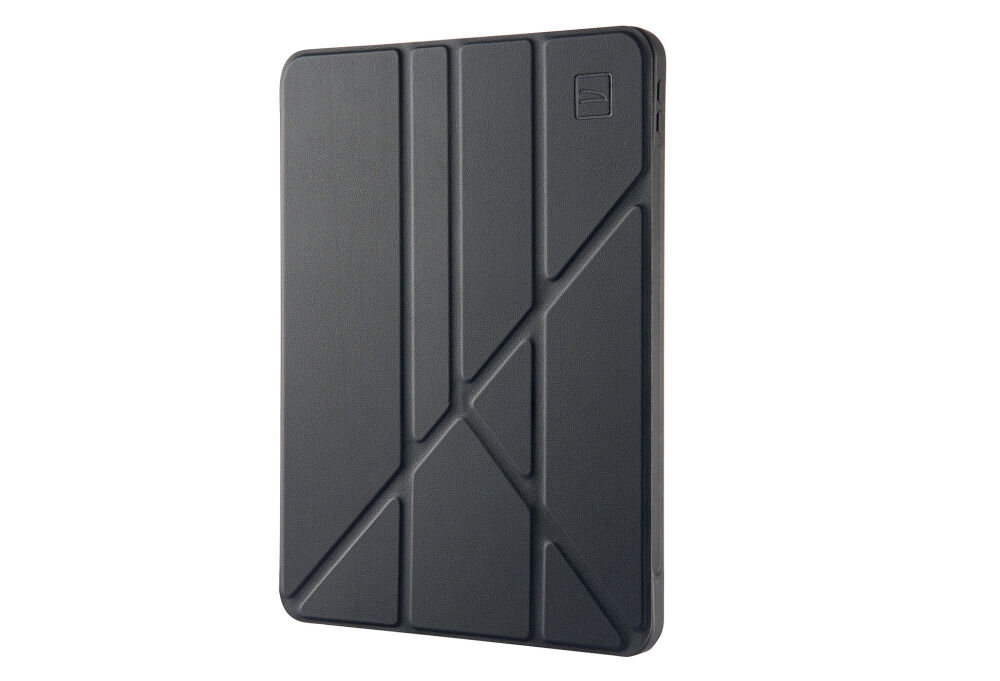 Czarne etui na iPad z geometrycznym wzorem i logo producenta w rogu.