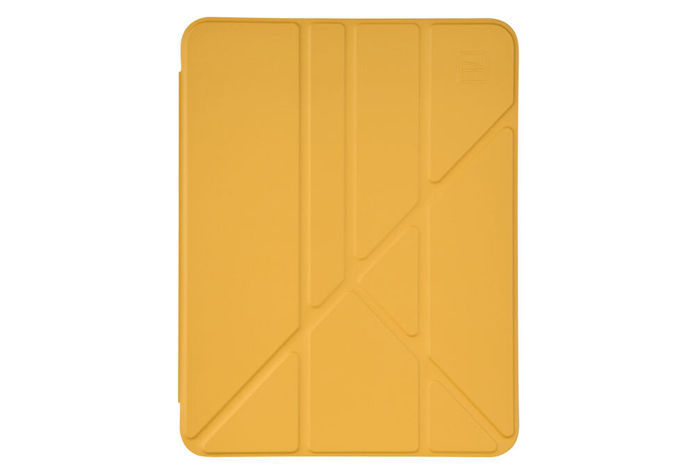 Żółte etui na tablet z geometrycznymi wzorami na powierzchni. W prawym górnym rogu widoczne jest logo producenta.