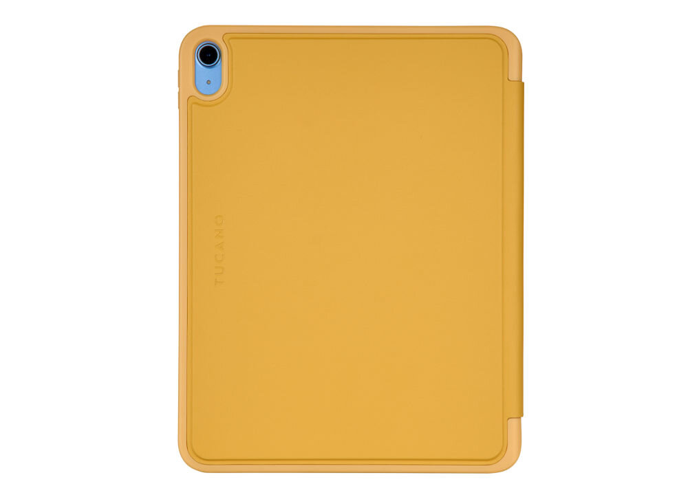 Żółte etui na tablet z wycięciem na aparat w rogu. Na etui widoczny jest napis \'TUCANO\'.