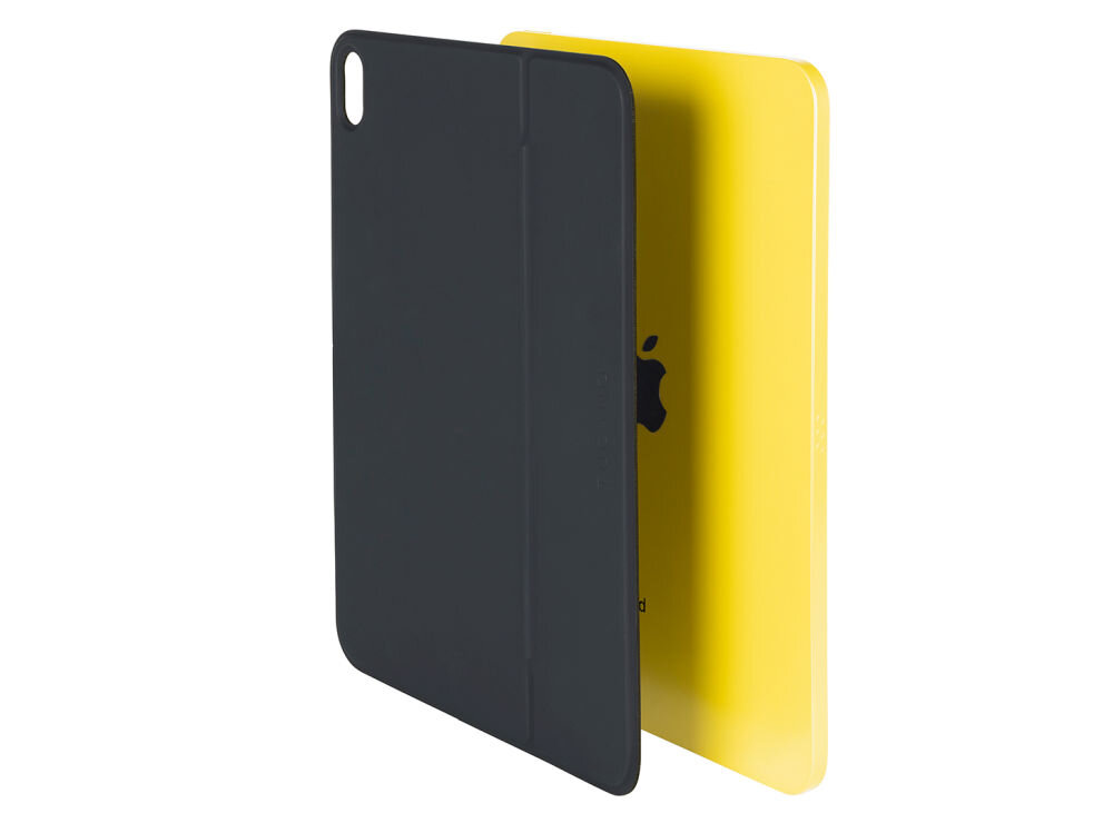 Czarne etui na tablet z wycięciem na aparat, obok żółty tablet z widocznym logo w kształcie jabłka.