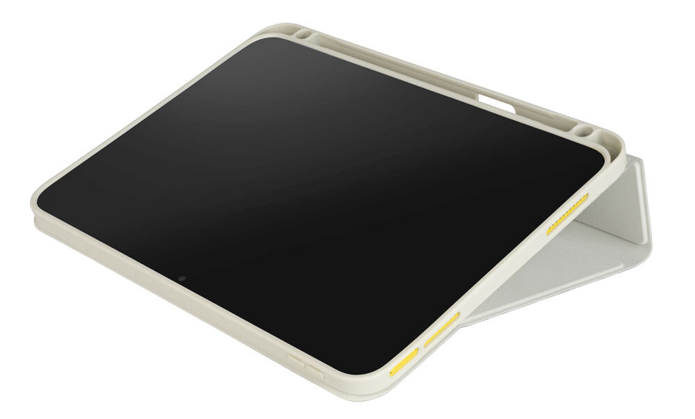 Szare etui na tablet ustawione w pozycji stojącej, z widocznymi żółtymi akcentami na krawędziach. Etui ma wycięcia na przyciski i porty urządzenia.
