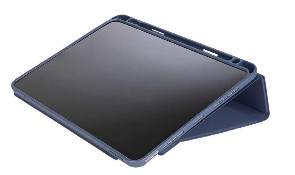 Niebieskie etui na tablet z funkcją stojaka, przeznaczone do iPada. Etui ma wycięcia na przyciski i porty urządzenia.