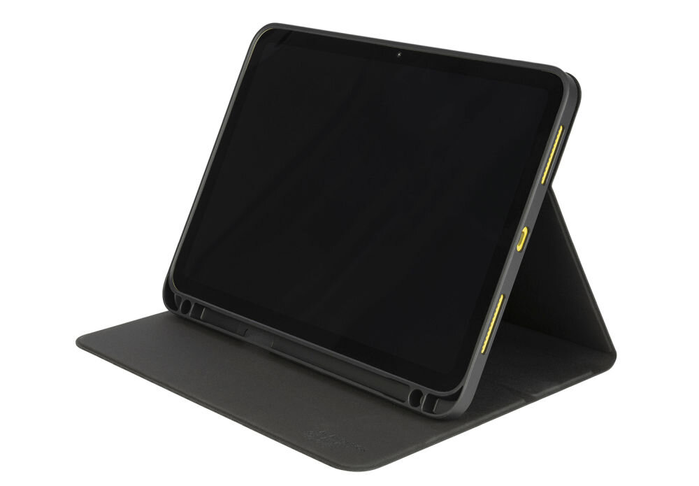 Czarne etui na tablet ustawione w pozycji stojącej, z widocznymi żółtymi przyciskami na krawędzi. Etui ma gładką powierzchnię i wycięcia na porty oraz kamerę.