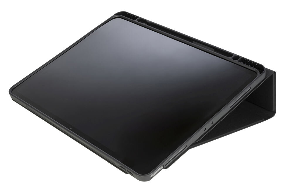 Czarne etui na iPad, ustawione w pozycji stojącej, z widocznymi wycięciami na przyciski i porty. Etui ma minimalistyczny design i jest przeznaczone do urządzeń Apple Air 13 cali.