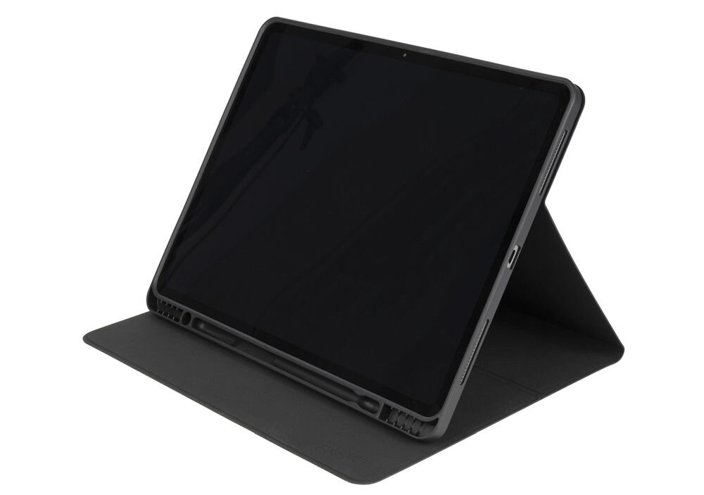 Czarne etui na tablet ustawione w pozycji stojącej, z widocznymi otworami na przyciski i porty. Etui ma gładką powierzchnię i jest przeznaczone do dużego tabletu.