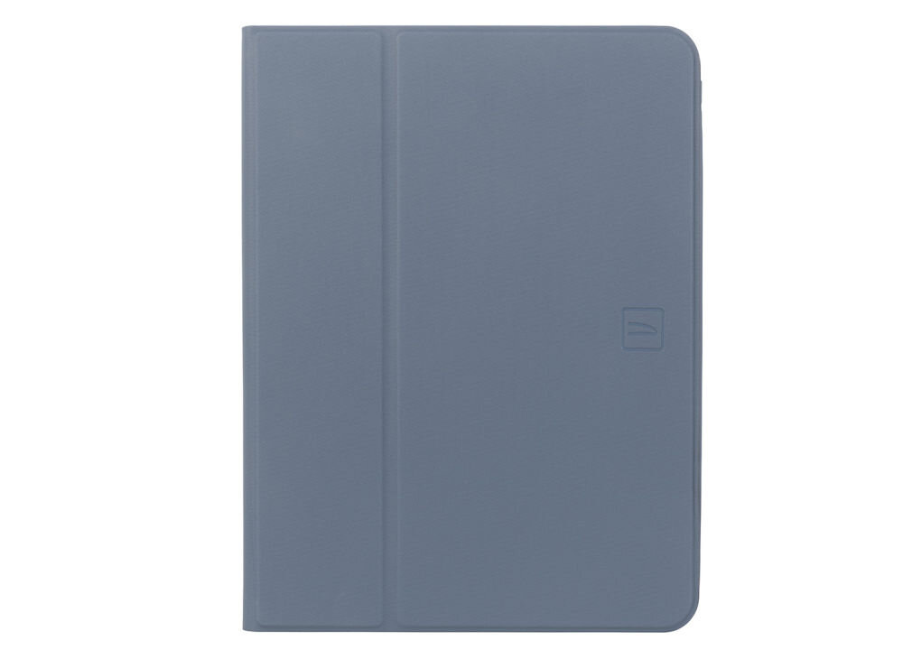 Niebieskie etui na tablet z widocznym logo producenta w formie prostokąta z zaokrąglonymi rogami. Etui ma prosty, minimalistyczny design z wyraźnym podziałem na sekcje.
