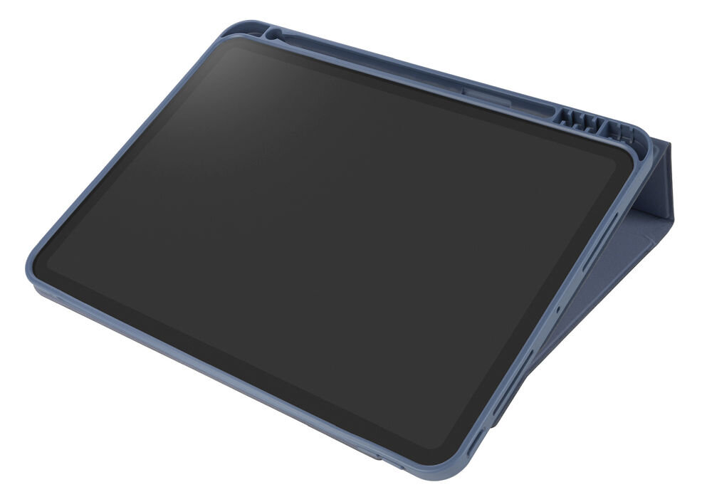 Niebieskie etui na tablet ustawione w pozycji stojącej, z miejscem na rysik na górnej krawędzi. Ekran tabletu jest czarny i nieaktywny.