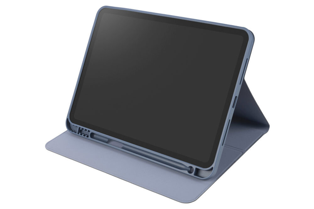 Niebieskie etui na tablet ustawione w pozycji stojącej, z widocznymi wycięciami na przyciski i porty.