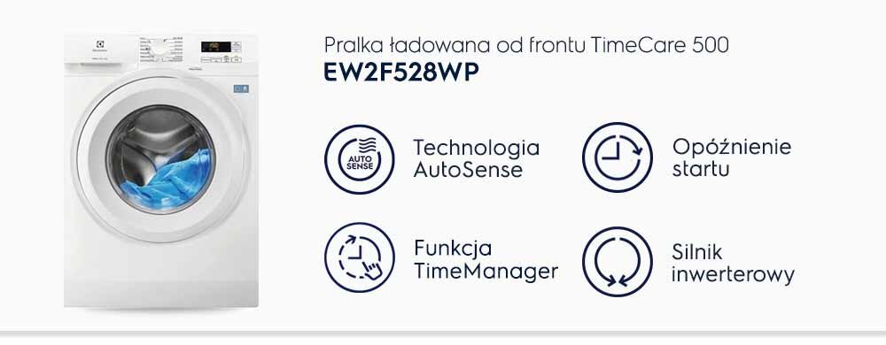 Obraz przedstawia pralkę ładowaną od frontu z widocznym bębnem, w którym znajduje się niebieska tkanina. Obok pralki znajdują się ikony z napisami: \'Technologia AutoSense\', \'Opóźnienie startu\', \'Funkcja TimeManager\', \'Silnik inwerterowy\'.