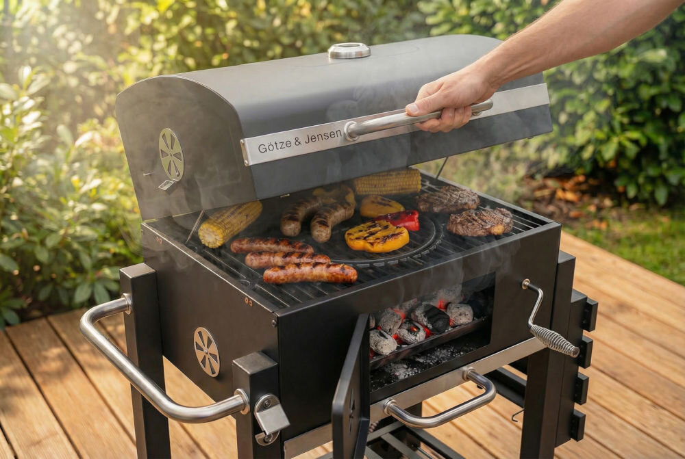 Osoba otwiera pokrywę grilla węglowego marki Götze & Jensen, na którym znajdują się różne potrawy, takie jak kiełbaski, kukurydza i grillowane warzywa. Grill stoi na drewnianym tarasie, a w tle widać roślinność.