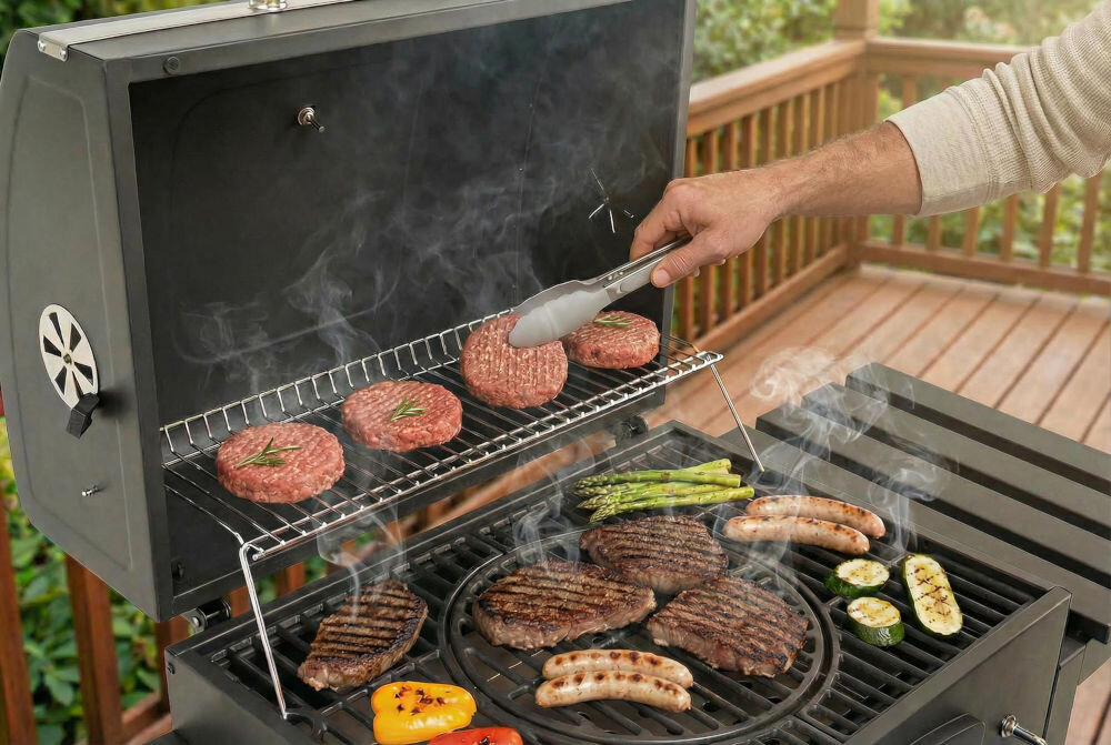 Na obrazie widoczny jest grill z otwartą pokrywą, na którym znajdują się różne potrawy, w tym burgery, kiełbaski, papryka, cukinia i szparagi. Osoba używa szczypiec do obracania jednego z burgerów.