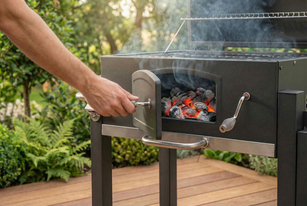 Osoba otwiera drzwiczki grilla węglowego, w którym widać rozżarzone węgle. Grill stoi na drewnianym tarasie, w tle widoczne są rośliny.